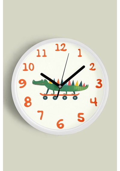 Kaykay Yapan Sevimli Timsah Çocuk Odası Modern Duvar Saati - 30cm - Önü Camlı Beyaz Kasa-jh0209 Beyaz