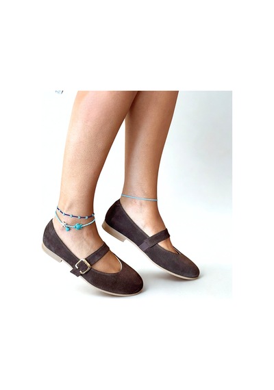 Ne&ve Shoes Kahve Süet Hakiki Deri Yuvarlak Burunlu Tokalı Kadın Babet Kahverengi