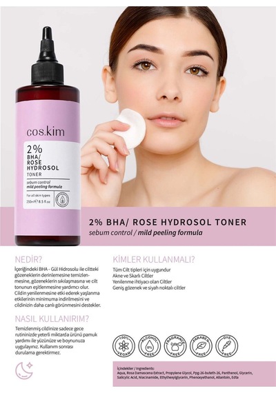 %2 Bha Gül Hidrosol Tonik 250 Ml Gözenek Sıkılaştırıcı, Akne Ve Siyah Nokta Karşıtı Yağ Dengeleyici