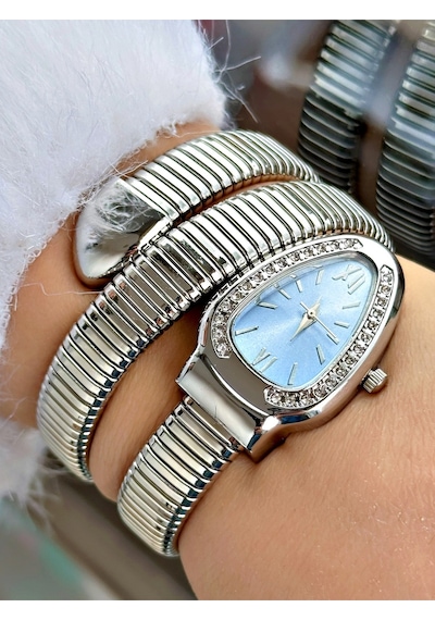 Limited Edition Serisi Özel Tasarım Yılan Modeli Metal Kordon Kadın Kol Saati Turkuaz