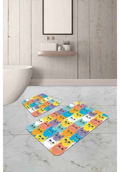 Renkli Kedili Desen Banyo Halısı Klozet Paspas Seti Bs251n11 Çok Renkli