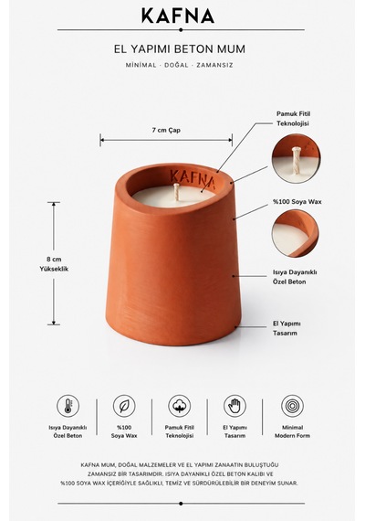 Kafna Tarçın & Vanilya Kokulu Dekoratif Beton Mum - %100 Soya Wax Kiremit Diğer