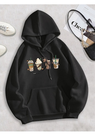 Clayes Coffe Sweatshirt - Siyah Baskılı Oversize Kapüşonlu Siyah