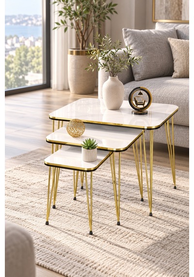 Odera Çift Beyaz Orta Sehpa Ve Zigon Sehpa 4'lü Set Metal Tel Ayaklı Modern Retro Salon Sehpası Diğer