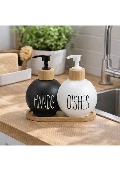 Bambu Stantlı Top Model Cam Sabunluk, Hands & Dishes 500 Ml Sıvı Sabunluk Seti Siyah-beyaz