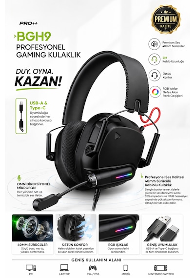 Rgb Işıklı Gaming Kulaklık 40mm Sürücü Omnidirectional Mikrofon 2m Kablo Usb-type-c Girişli