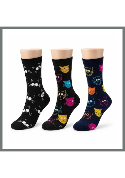 Bezos Unisex Kedi Desenli Çorap 3'lü Set Pamuklu Renkli Uzun Soket Dikişsiz Nefes Alan Rahat Günlük Çorap Mmbz Çok  Renkli
