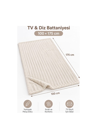 Tek Kişilik Peluş Tv Diz Battaniyesi 100x175 Cm Krem