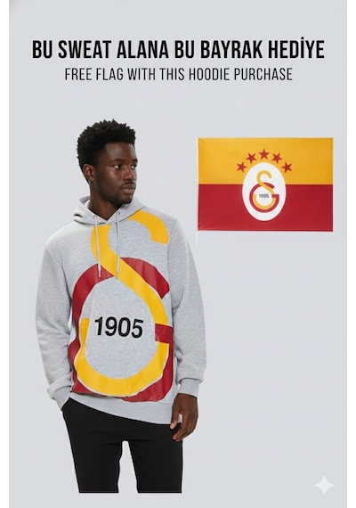 Galatasaray Büyük Logolu Gri Sweatshirt Bayrak Hediyeli Gri