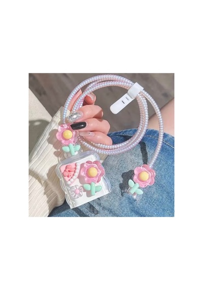 Pembe Çiçekli Spiral Kablo Koruyucu Ve Şarj Başlığı Koruma Kılıfı Seti