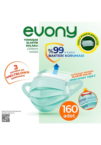 Evony Yumuşak Elastik Kulaklı Tekli Paketlenmiş Cerrahi Maske 160