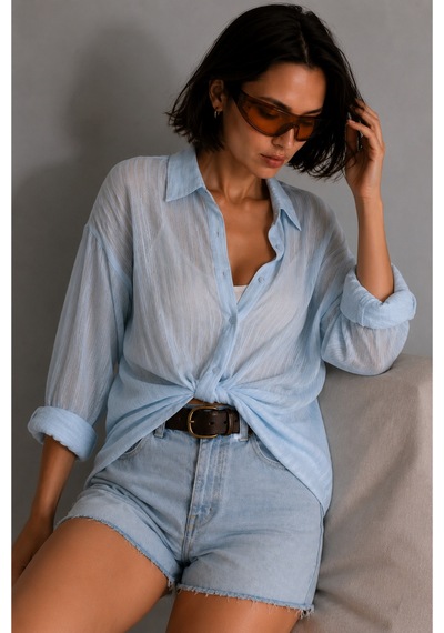 Bisou Açık Mavi Çizgili Bağlamalı Gömlek Oversize Hafif Transparan Uzun Kollu Kadın Gömlek Mavi Bisou Açık Mavi Çizgili Bağlamalı Gömlek Oversize Hafif Transparan Uzun Kollu Kadın Gömlek Mavi
