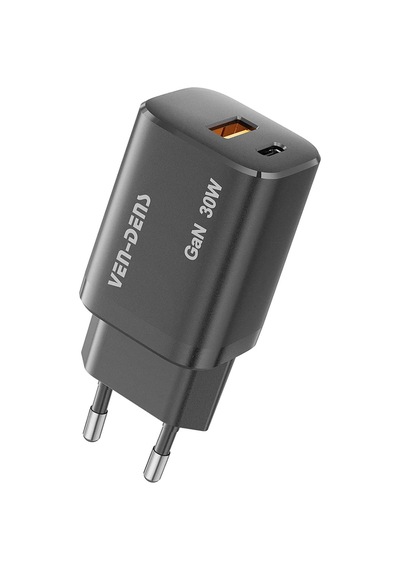 Ven-dens Sp-tc94bg 30 W Pd Hızlı Şarj Adaptörü, Usb-c Ve Usb-a Çift Port, Qc 3.0 Desteği, Siyah