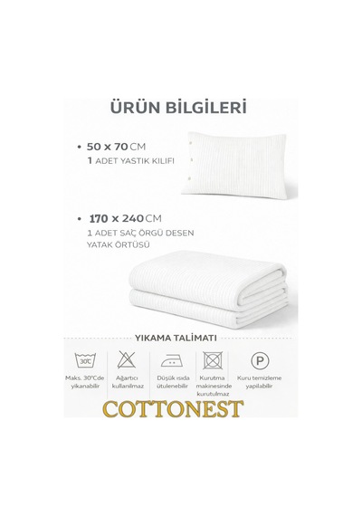 Tek Kişilik Örgü Desen Pike Yatak Örtüsü Seti 160x230 Cm Pike 50x70 Cm Yastık Beyaz