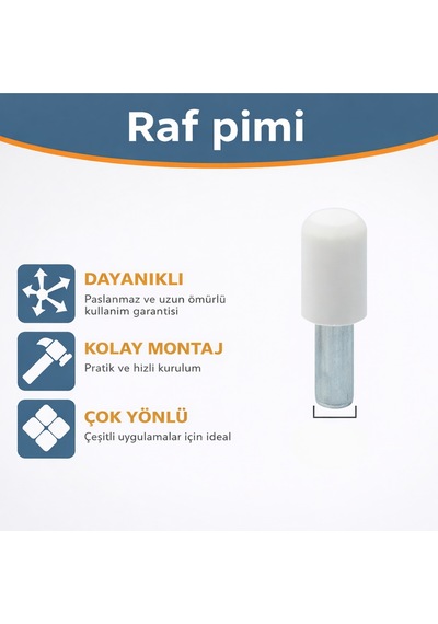 Plastik Başlı Geçmeli Metal Raf Altı Pimi Dolap İçi Raf Tutucu Çivisi Beyaz 50 Adet Beyaz