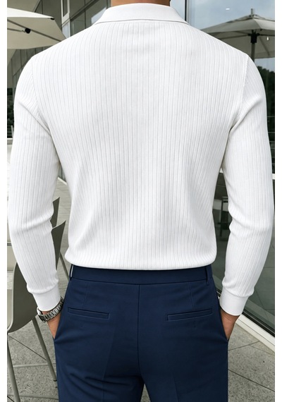 Genius Store Erkek Polo Yaka Kazak Fitilli Anti Pilling Tüylenme Yapmaz Regular Fit Erkek Triko Kazak Pyaka-kzk Beyaz