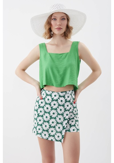 Vitrin Kare Yaka Sıfır Kol Crop Bluz YEŞİL