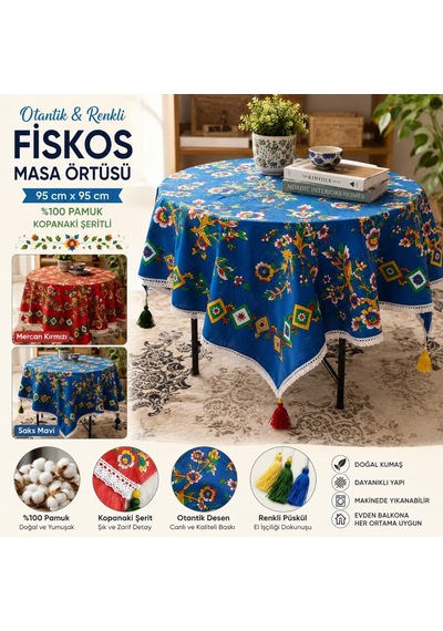 Otantik Pamuk Fiskos Masa Örtüsü Kopanaki Şeritli Püskül Detaylı Saks