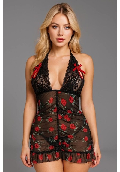 Ang Butik Siyah Dantel İşlemeli Gül Desenli Mini Fantezi Gecelik Mariposa Secret Siyah