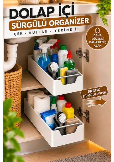 Çok Amaçlı Raylı Dolap İçi Çekmece Organizer Sürgülü Mutfak Banyo Kiler Düzenleyici Organizer Beyaz
