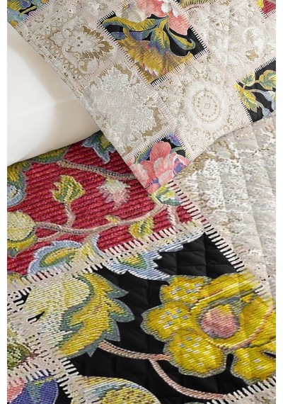 Çiçekli Patchwork Bej Tek Kişilik Pike Takımı - Vintage Krem Pembe 160x220 Cm Mevsimlik Yatak Örtüsü Kırsal İpek Dengesi