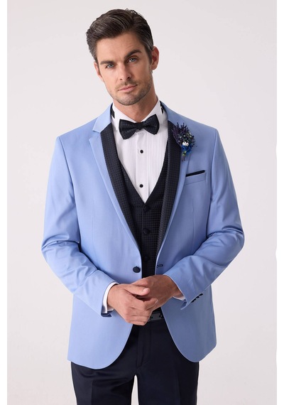 Ysf Erkek Mavi Slim Fit Yelekli Damatlık