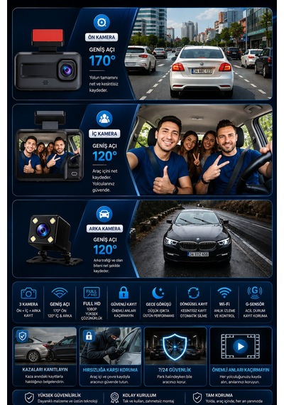 3 Kameralı Araç İçi Kamera Seti 1080p Full Hd Wi-fi Gece Görüşlü Geri Görüş Kameralı Viidure Mobil Uygulama Destekli