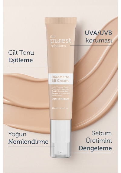 The Purest Solutions Yağlı ve Karma Ciltler İçin Matlaştırıcı BB Krem, SPF 50 + 40 ml – Açık / Orta Ton