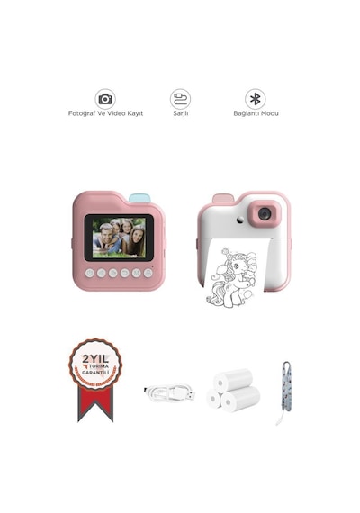 Torima Trm-cmr15 Pembe Dijital Video Kayıt Fotoğraf Çocuk Kamerası Anlık Termal Resim Kağıt Baskılı Yazıcı