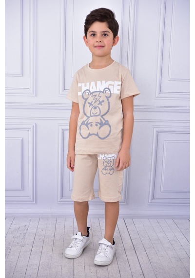 Veramoni Unisex Change Baskılı Çocuk Kısa Kol Yazlık Beli Lastikli Cepli Şort Alt Üst Takım Bej