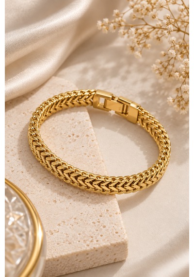 Kadın Gold Renk Örgü Zincir Bileklik Altın