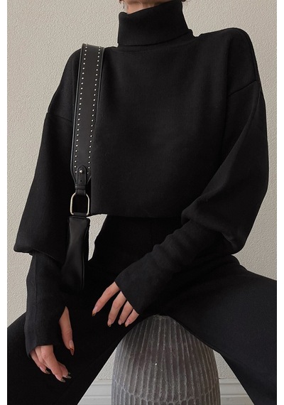 Cıqulata Triko Crop Pantolon Takım Siyah Siyah