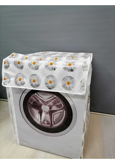 Papatya Desenli Pvc Çamaşır Ve Kurutma Makinesi Örtüsü - Su Ve Toz Geçirmez Leke Tutmaz Beyaz