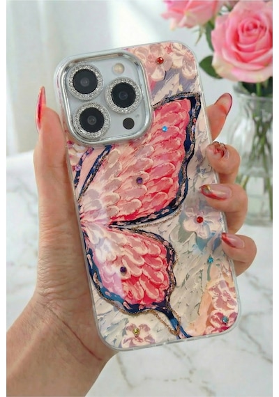 Fibaks iPhone 16 Pro Max Uyumlu Kılıf Renk Geçişli Taşlı Kamera Lens Korumalı Simli Pembe Kelebek Desenli Kapak
