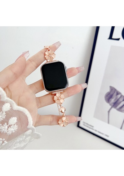 Apple Uyumlu  Watch Seri 4 5 6 7 8 9 10 44-45-46mm Çiçekli Ve Kalp Zincir Detaylı Bileklik Tasarım Kordon