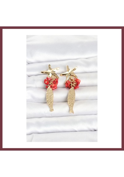 Storeşahin Deniz Yıldızı Ve Balık Detaylı Kırmızı Taşlı Gold Renk Kadın Küpe Shn0720