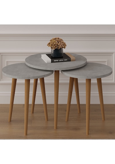 Asra Trend 3'lü Yuvarlak Zigon Sehpa Takımı SEHPA01 %100 MDF Ahşap Ayaklı Retro Gri