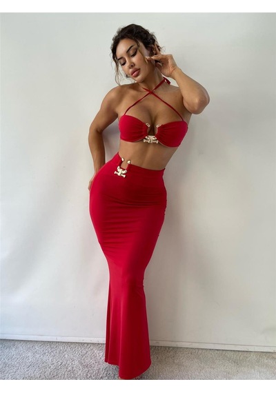 Pink Life Kırmızı Toka Detaylı Midi Boy İkili Takım Kırmızı