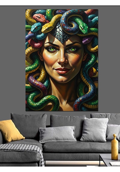Ahşap Tablo Renkli Yılan Saçlı Medusa Portresi İllüstrasyonu