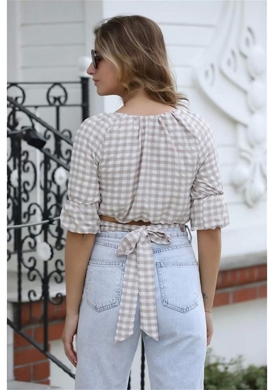 Lodmela Bağlama Detaylı Crop Bluz 1736vizon