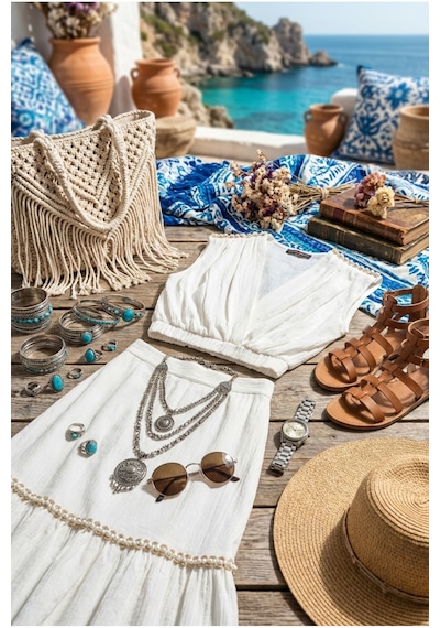 Fashion Cocktail İnci Sıralı Ve Jüt Şeritli Apoletli Kolsuz Bohem Organik Doku Krınkıl Kumaş Eteği Astarlı Kruvaze V Yaka Crop Bluz Fırfırlı Uzun Boho Bohem Tatil Chic Etek Seti İkili Takım ekru