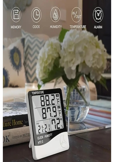 Termometre Sıcaklık Ve Nem Ölçer Dijital Oda Masa Saati Alarm Beyaz