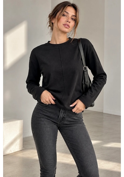 Bb Butik Basic Ön Dikiş Detaylı Basic Sweatshirt Günlük Rahat Kesim My3535 siyah