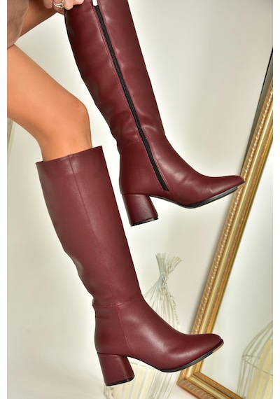 Fox Shoes J848300109 Bordo Kalın Topuklu Kadın Çizme Bordo-suni Deri Bordo