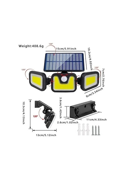 Üçlü Solar Led Projektör Beyaz Işık Sensörlü Dış Mekân Aydınlatma 5468