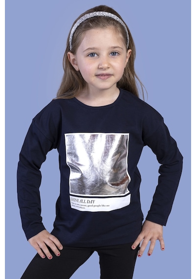 Toontoy Kids Toontoy Kız Çocuk Varak Baskılı Tişört Lacivert