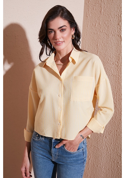 Lela Regular Fit Çizgili Göğüs Cepli Dokulu Bayan Gömlek 6772870 Sarı