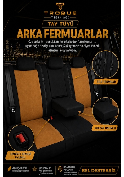 Hyundai Elantra 2011 Sonrası Uyumlu Nergis Serisi Taba Siyah Ortopedik Tay Tüyü Koltuk Kılıfı