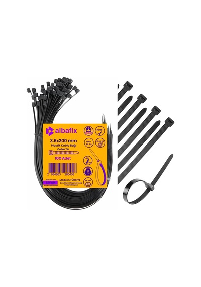 3.6x200 Mm Siyah Plastik Kablo Bağı Klipsi Cırt Kelepçe 100 Adet