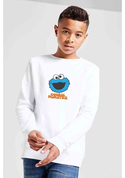 Tshirthane Cookie Monster Baskılı Unisex Çocuk Beyaz Sweatshirt Beyaz